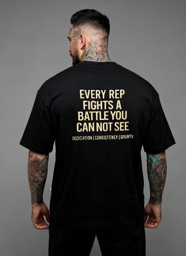 Every Rep motivational gym t-shirt back view – fitness quote shirt Every Rep Fights a Battle You Cannot See